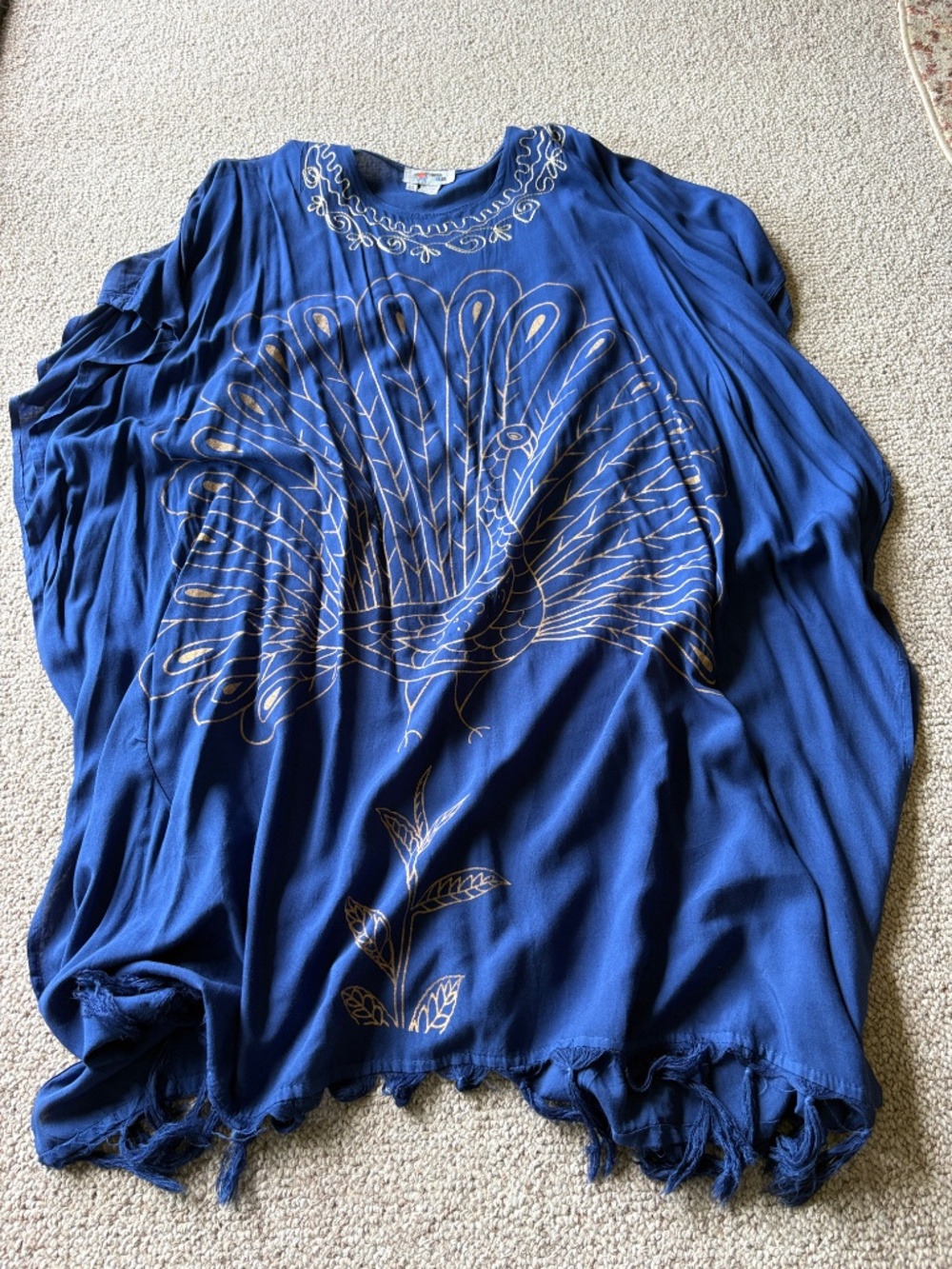 Vintage Blue Gold Peacock Caftan | Resort Vacation Cover Up OS - Picture 2 of 9